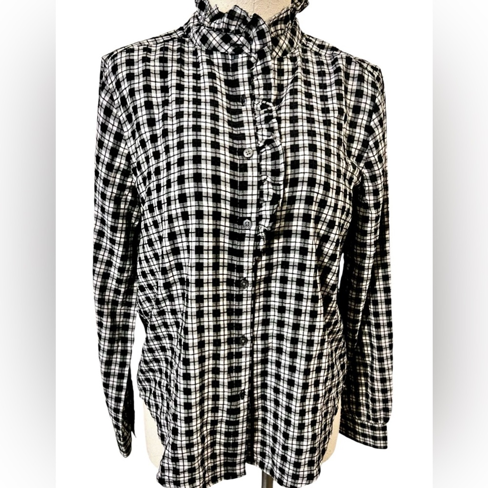 LOFT  Women’s Peasant Button And Ruffle Down Crawl Neck Long Sleeve Blouse